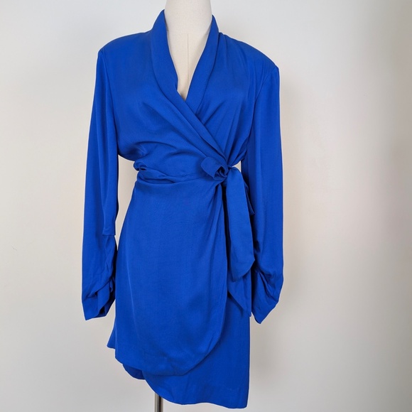 Zara Royal Blue Blazer Dress Wrap Front Mini Asymmetrical Long Sleeve Gathered - Picture 9 of 12